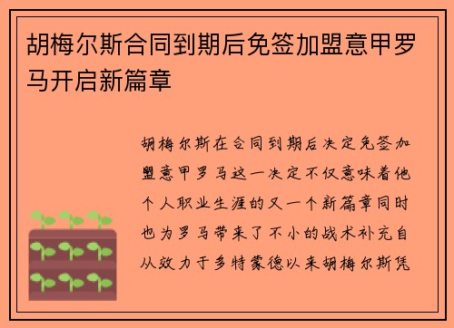 胡梅尔斯合同到期后免签加盟意甲罗马开启新篇章 胡梅尔斯合同到期后免签加盟意甲罗马开启新篇章